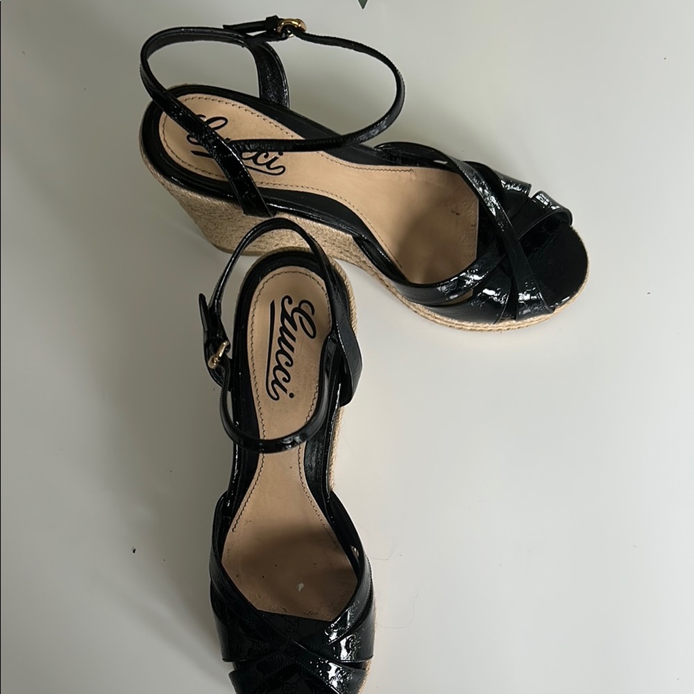 Gucci Black and Tan Wedge Espadrilles - Picture 2 of 10